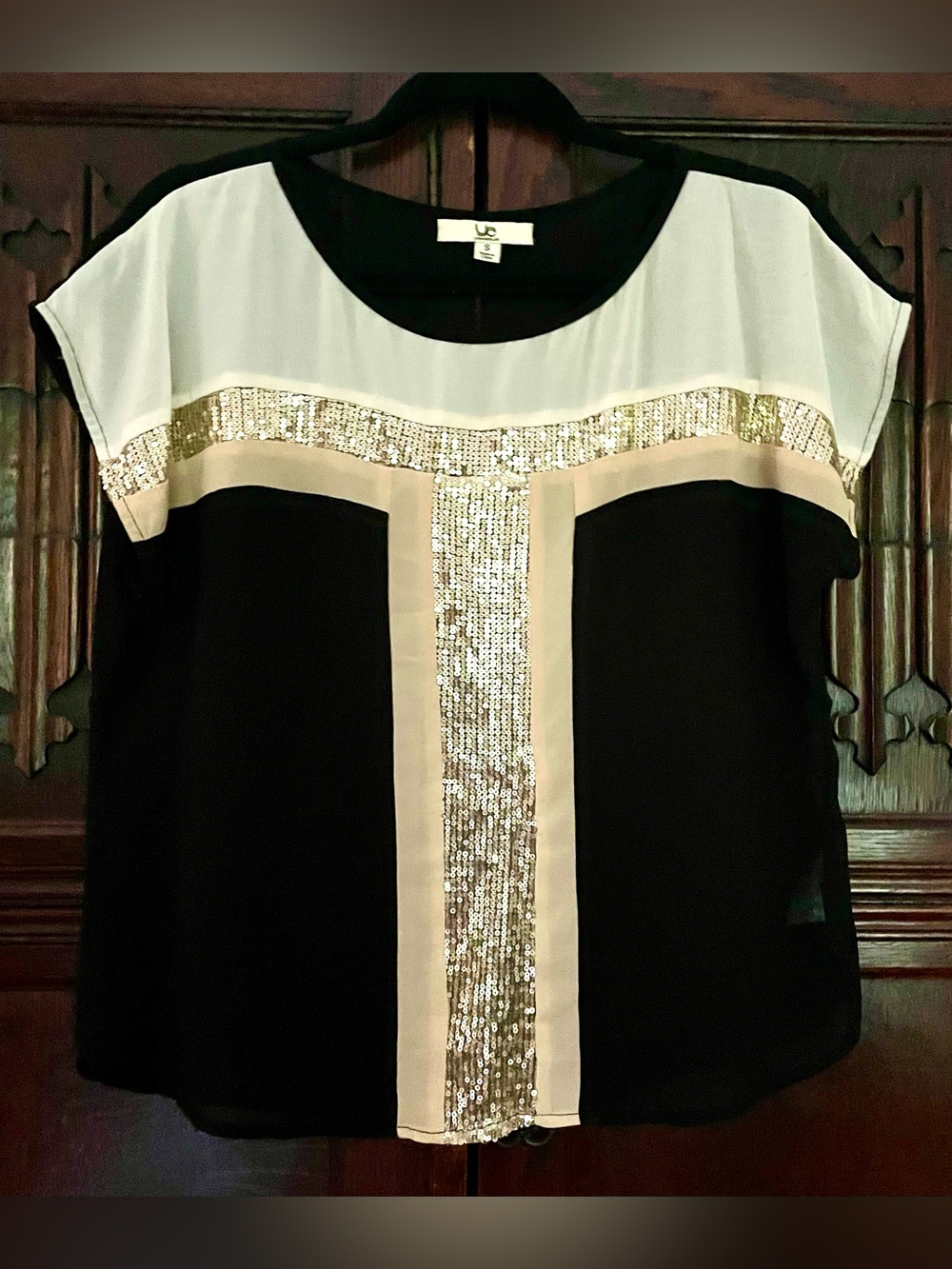 Vintage Ya Los Angeles Black Cream & Gold Sequin-Trim Blouse Size S